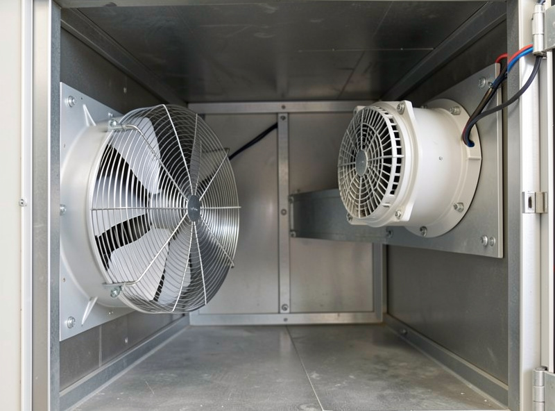 Circulation fan and air exchange fan positioned inside a large curing chamber to even out humidity