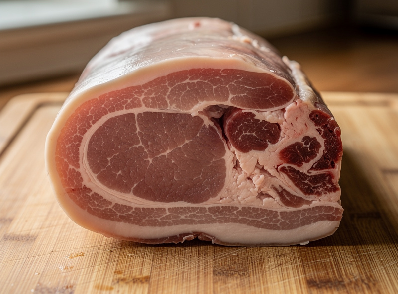 A boned-out pork collar coppa muscle on a cutting board showing internal seams of fat threading through the deep pink lean, before curing