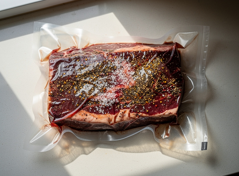 A pork collar coppa rubbed with salt, cracked black pepper and red wine sitting in a vacuum bag for equilibrium curing, overhead view