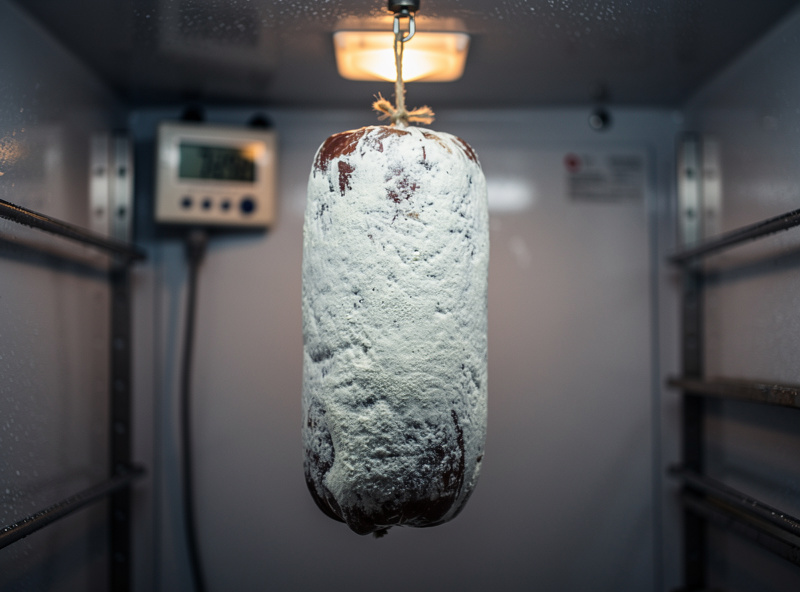 A cased coppa hanging by twine inside a converted-fridge curing chamber, surface developing a powdery white mould bloom, hygrometer visible