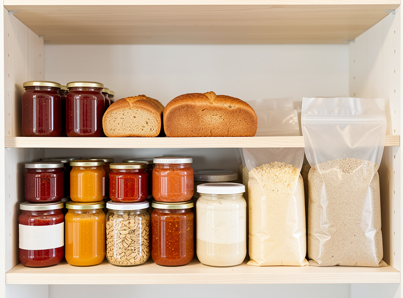 Shelf of shelf-stable home foods including jam, bread and dry mixes