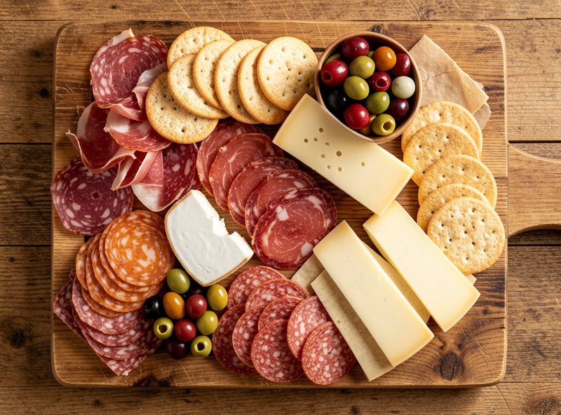 Elegant charcuterie grazing board assembled from sliced cured meats and cheeses