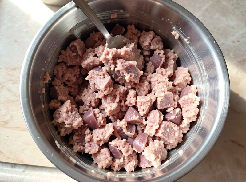 Coarsely ground pork, fat and liver in a bowl being mixed into a country pate forcemeat