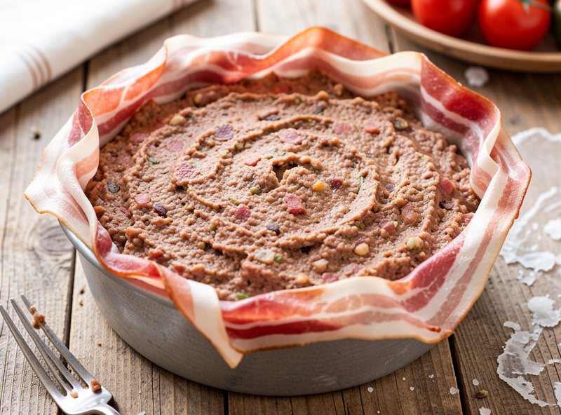 Raw country pate forcemeat packed into a bacon-lined terrine mould before baking