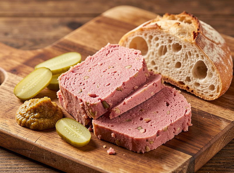 Slices of country pate on a board with cornichons, mustard and bread