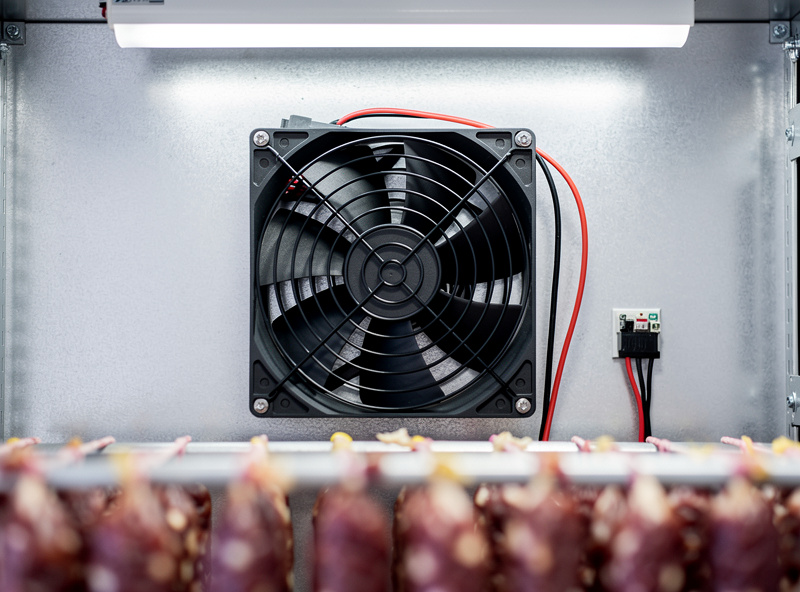 120mm PC case fan mounted on the back wall of a curing chamber, hanging salami in the foreground, gentle airflow theme