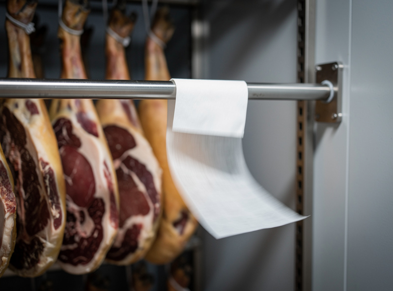 Thin strip of tissue paper hanging from a curing chamber rod swaying gently to show airflow at meat height