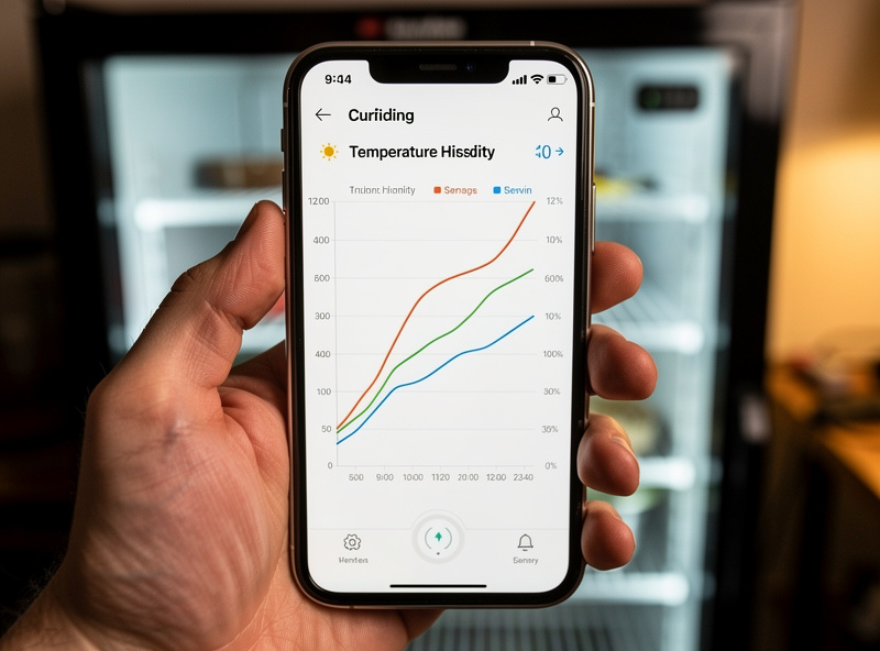Smartphone showing a temperature and humidity history graph from a wireless sensor inside a closed curing chamber