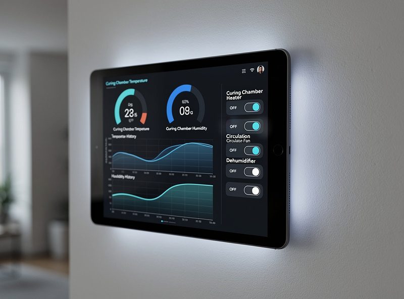 Home Assistant dashboard on a tablet showing curing chamber temperature humidity graphs and smart plug states