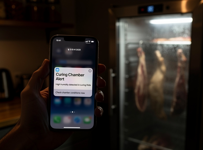 Phone lock screen showing a high-humidity push alert from a curing chamber sensor while the chamber stays closed