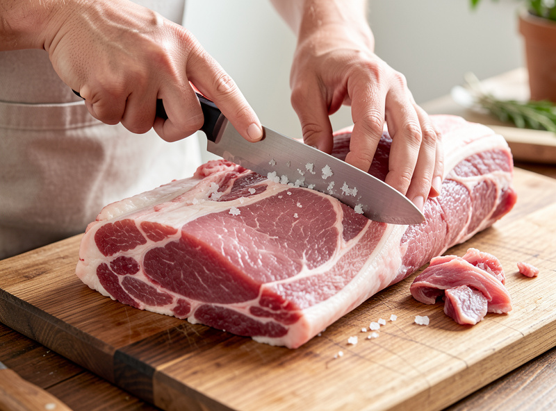 A whole bone-in pork leg being trimmed and prepared for salt curing