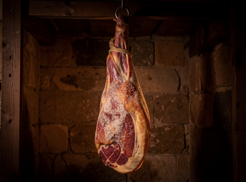 A whole salted ham leg hanging in a home curing chamber to dry