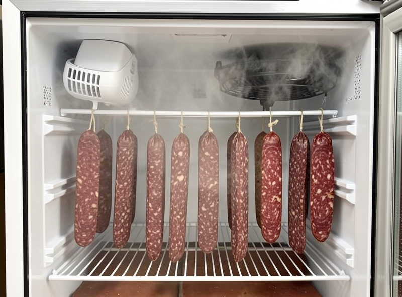 Converted-fridge curing chamber with humidifier mist and a low-speed fan, salami chubs hanging with airflow space