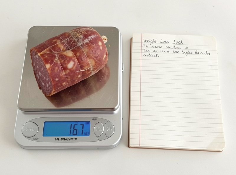 Digital kitchen scale weighing a salami chub with a handwritten weight-loss log beside it