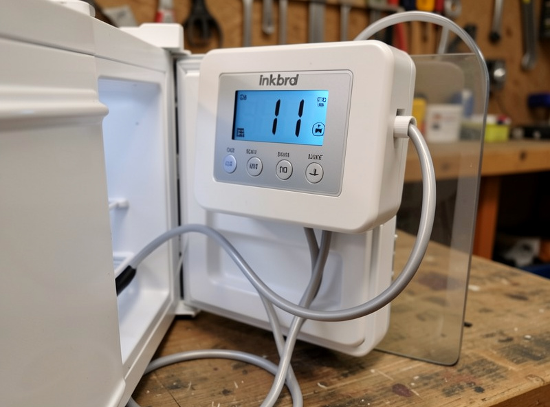 Inkbird dual-stage temperature controller wired to a mini fridge cheese cave, display reading 11 degrees
