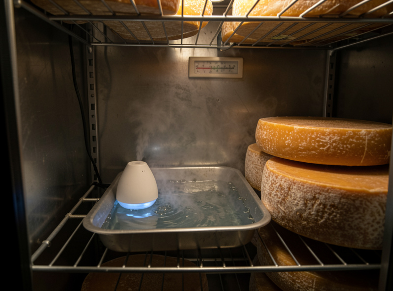 Ultrasonic humidifier misting inside a cheese aging fridge beside a water tray and cheese wheels on wire racks