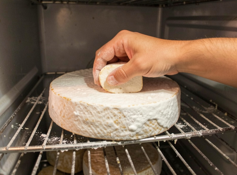 Hand turning a natural-rind cheese wheel dusted with white mold on a wire rack inside a converted fridge cave