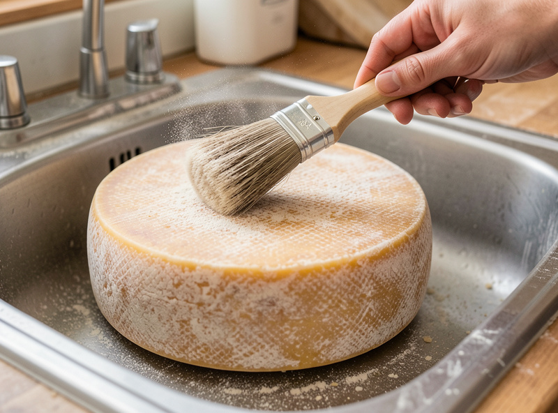 Hand brushing the dusty rind of an aged cheese wheel with a soft brush over a sink