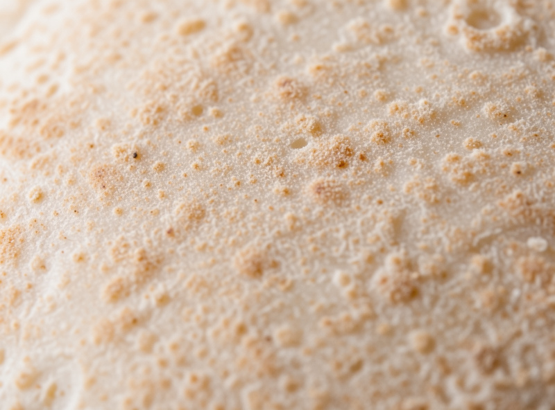 Extreme close-up of a cheese rind surface showing faint pitting and tan mite dust texture