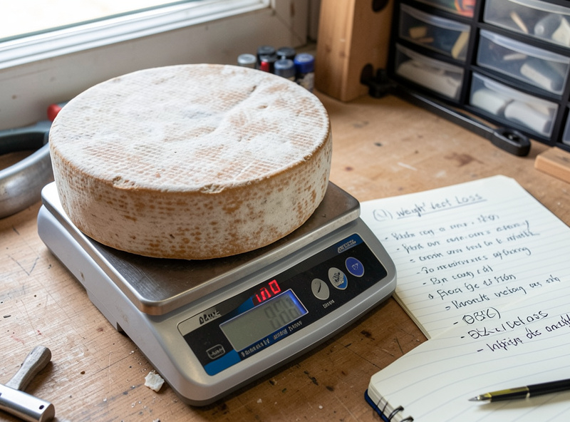 Aged cheese wheel on a digital scale being weighed with a notebook of weight-loss figures beside it