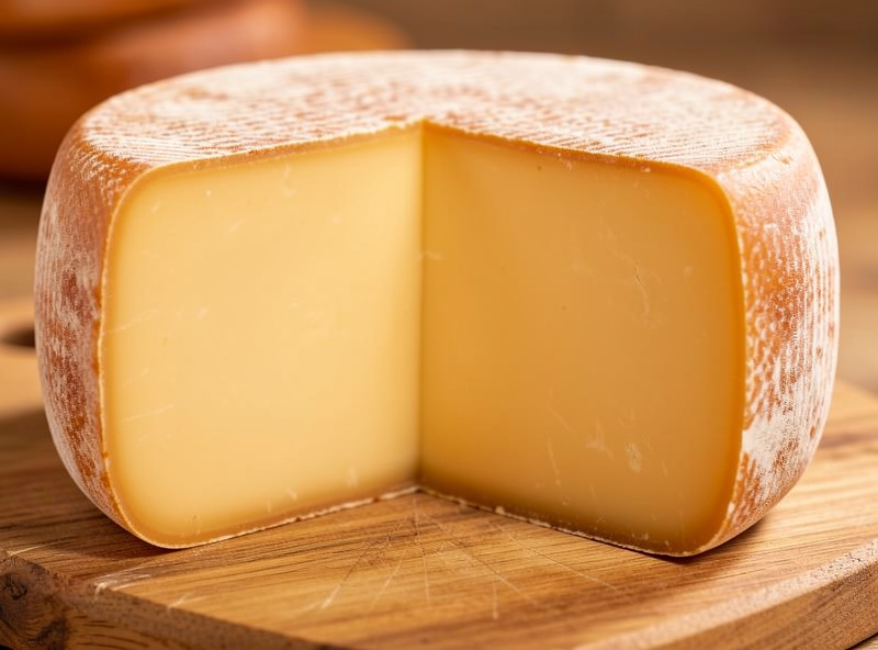 Cross-section of a properly aged cheddar wheel showing firm even paste and a thin natural rind