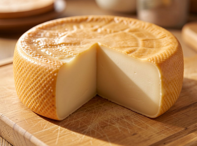 Young waxed Gouda wheel cut open to show a smooth pale paste on a cutting board