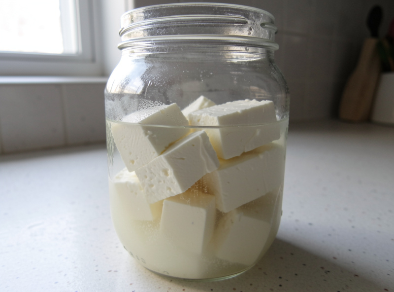 Blocks of homemade feta submerged in cloudy salt brine inside a glass jar