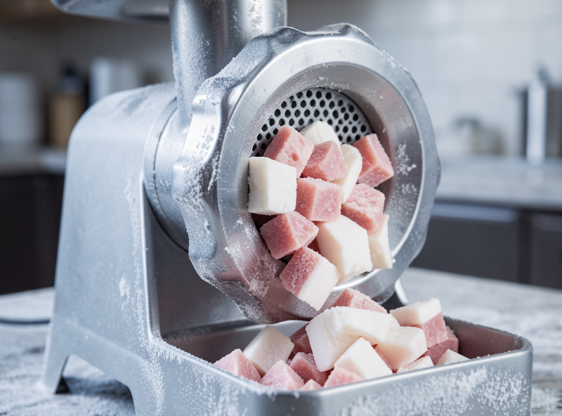 Meat grinder with frosty chilled plates grinding near-frozen diced pork and fat for salami