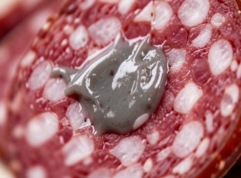 Close-up of a greasy smeared salami cross-section with fat melted and coating the lean a dull grey