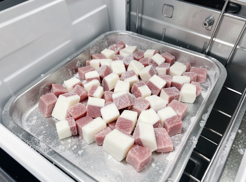 Diced pork and back fat partly frozen on a tray going into a freezer to firm up before grinding
