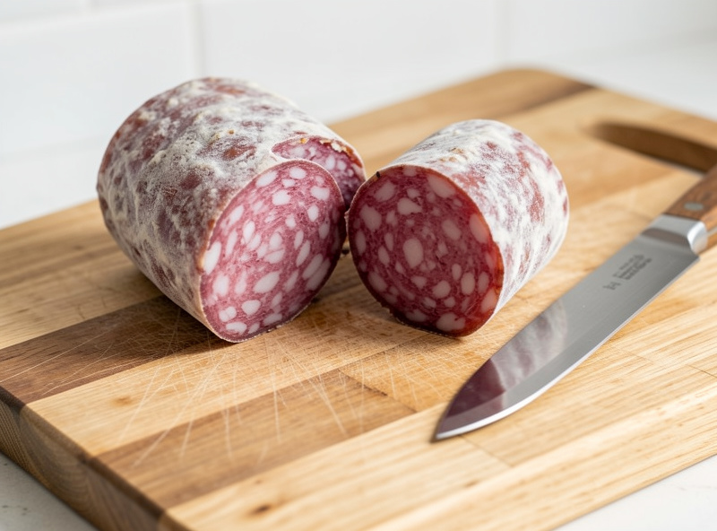 A salami chub freshly cut, its cut face exposed to light and oxygen on a board