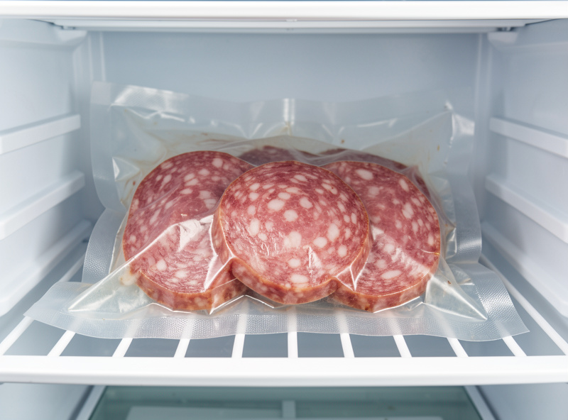 Vacuum-sealed sliced cured sausage stored to limit oxygen and light exposure