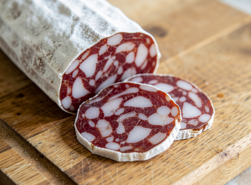 Close-up of a sliced dry-cured salami showing white mold rind and marbled interior on a wooden board