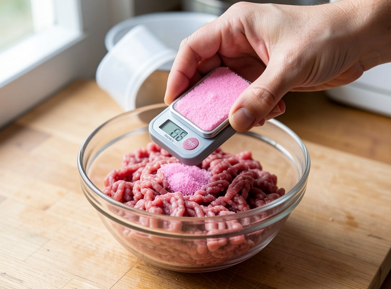 Hands using a gram scale to weigh a precise small amount of pink curing salt into ground meat