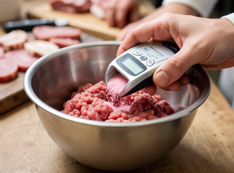 A gram-accurate jeweller's scale weighing a tiny dose of pink curing salt into ground meat