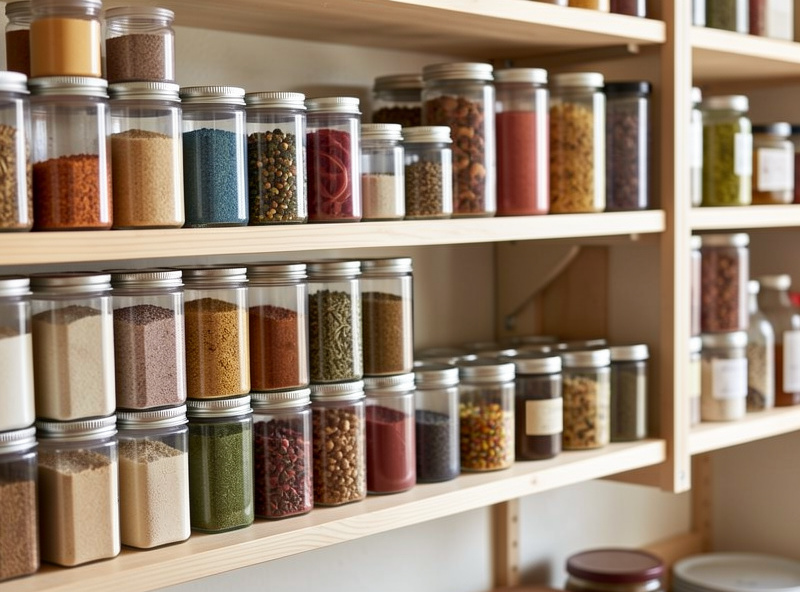A tidy shelf of sealed, labelled containers of curing salts and spices in a charcuterie workshop