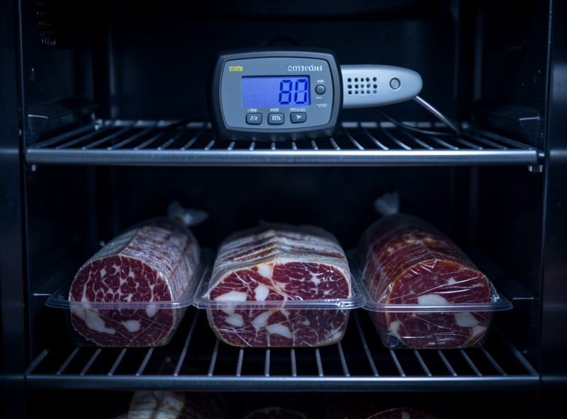 A cool dark curing-fridge shelf with a thermometer reading a cool temperature and wrapped finished charcuterie