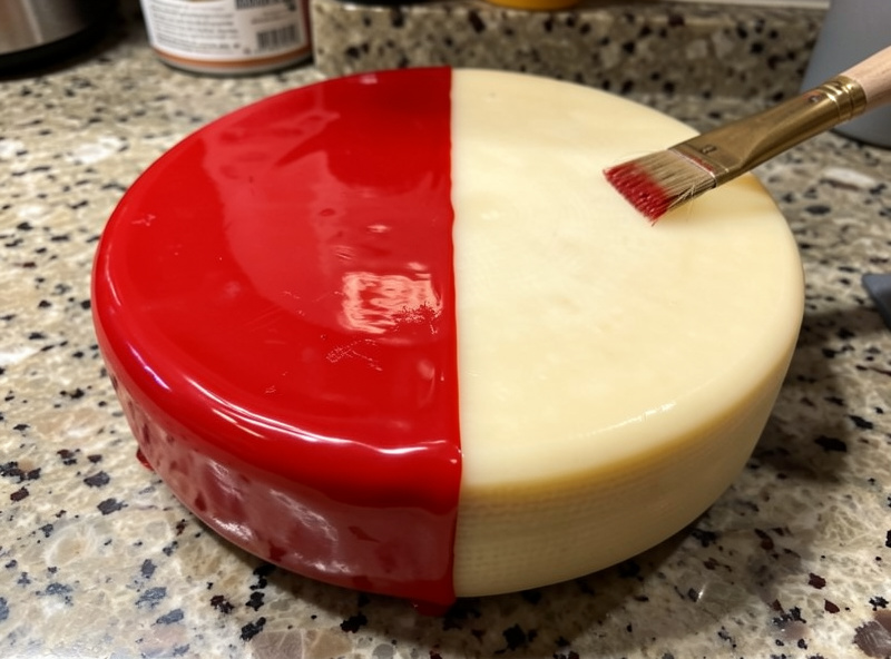 Cheese wheel half coated in glossy red cheese wax with a brush mid-stroke