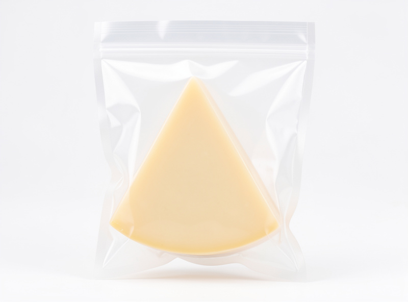 Wedge of pale rindless cheese sealed tight inside a clear vacuum bag held to the light