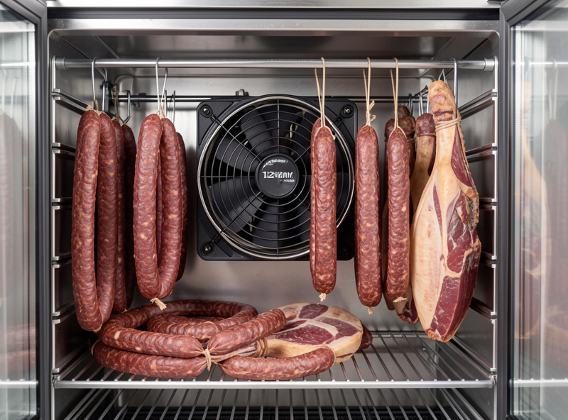 Curing chamber interior with a low-speed 120mm fan and well-spaced hanging charcuterie