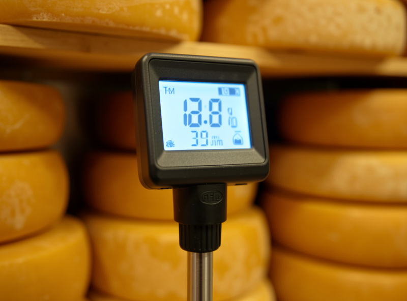 Digital hygrometer probe at cheese-shelf height inside an aging chamber showing temperature and humidity