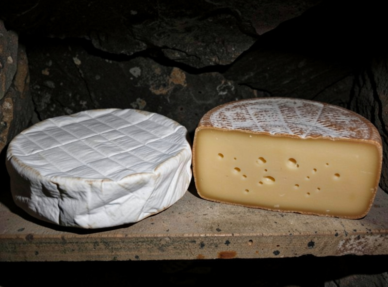 Soft bloomy white Brie and a hard alpine cheese wheel side by side on a cave shelf
