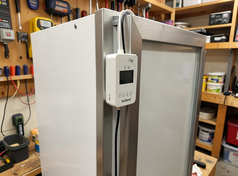 Inkbird temperature and humidity controllers mounted on the side of a converted cheese fridge with wiring