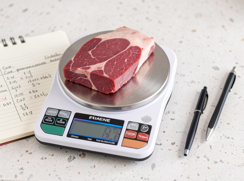 Digital gram scale weighing meat next to a notebook of cure-percentage calculations