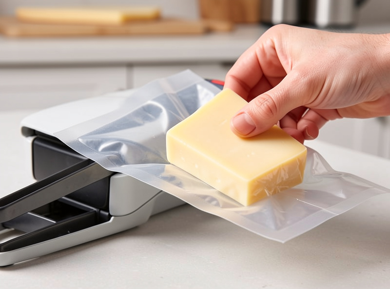 Hand placing a wedge of cheese into a vacuum-seal bag at a clamp-style vacuum sealer