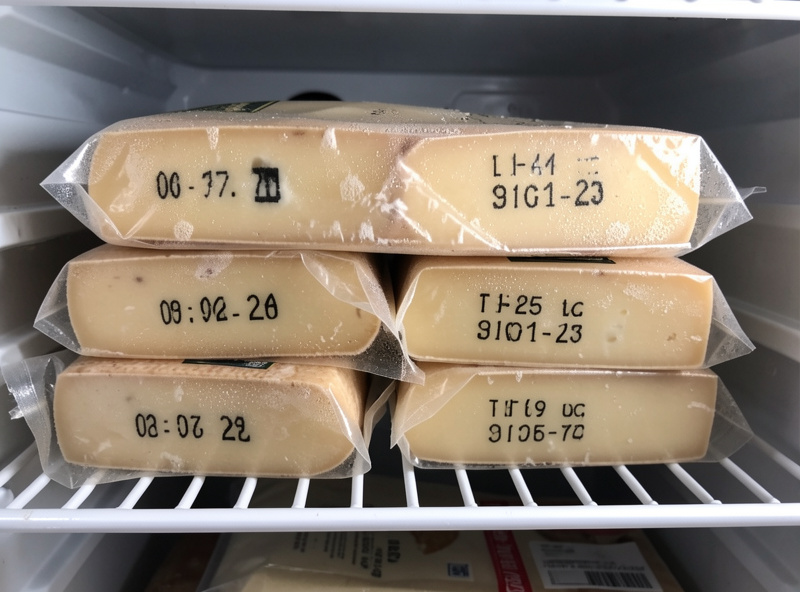 Vacuum-sealed blocks of aging cheese labeled with dates stacked flat on a fridge shelf
