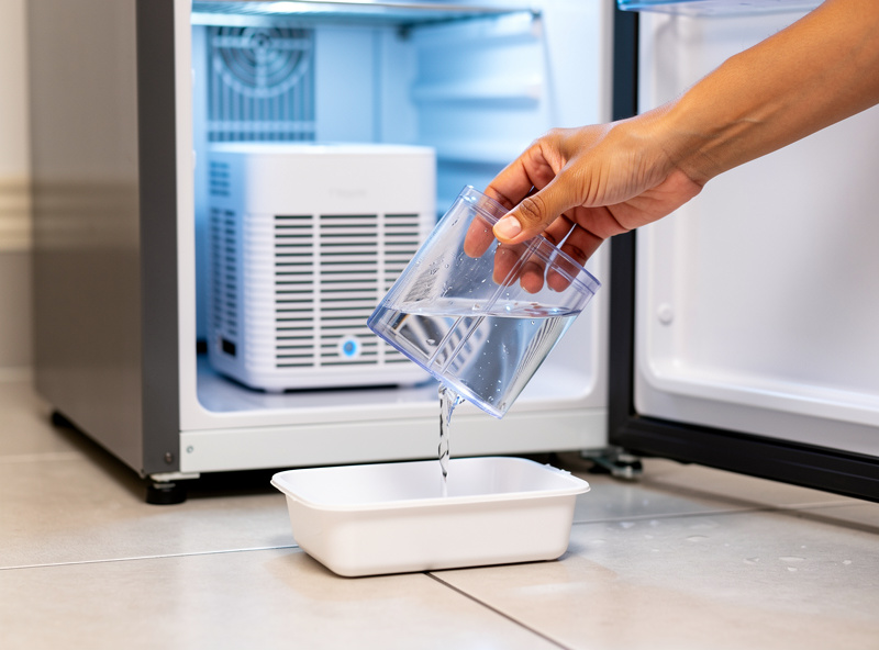 Hand emptying the water tank of a small dehumidifier pulled from the floor of a curing chamber