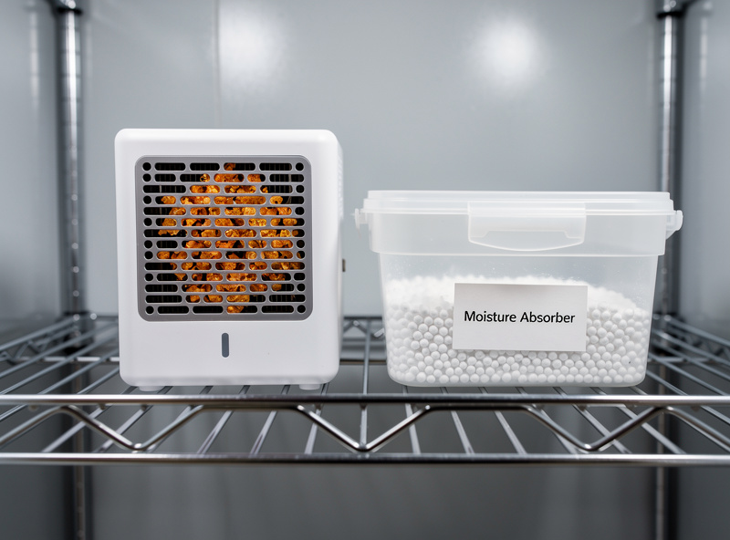 Rechargeable desiccant dehumidifier and a passive calcium chloride moisture tub side by side on a curing chamber shelf