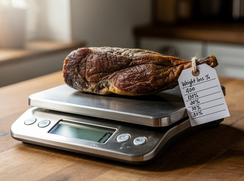 A cured whole muscle being weighed on a digital kitchen scale with a handwritten weight-loss log tag beside it