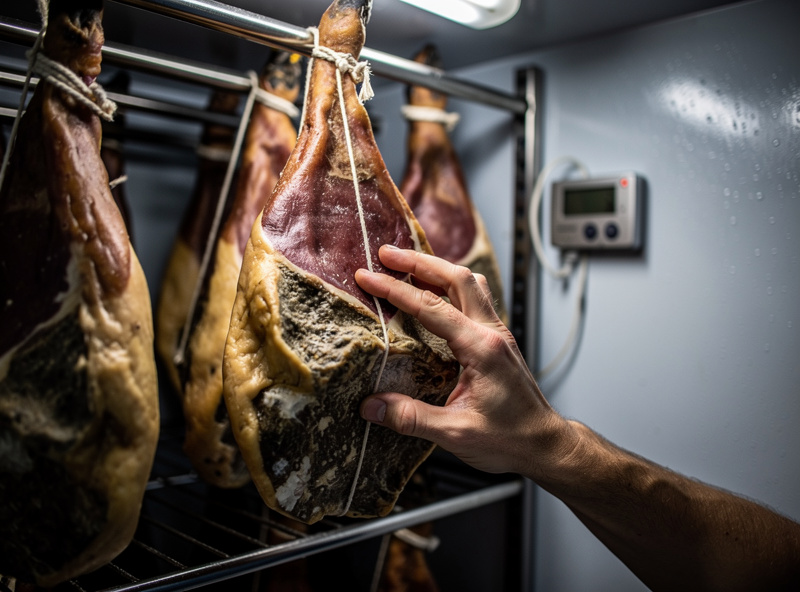 A hand pressing the thick centre of a hanging cured muscle to check firmness, inside a converted-fridge curing chamber